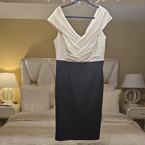 Tadashi Shoji Cream and Black Midi Dress - Picture 1 of 13